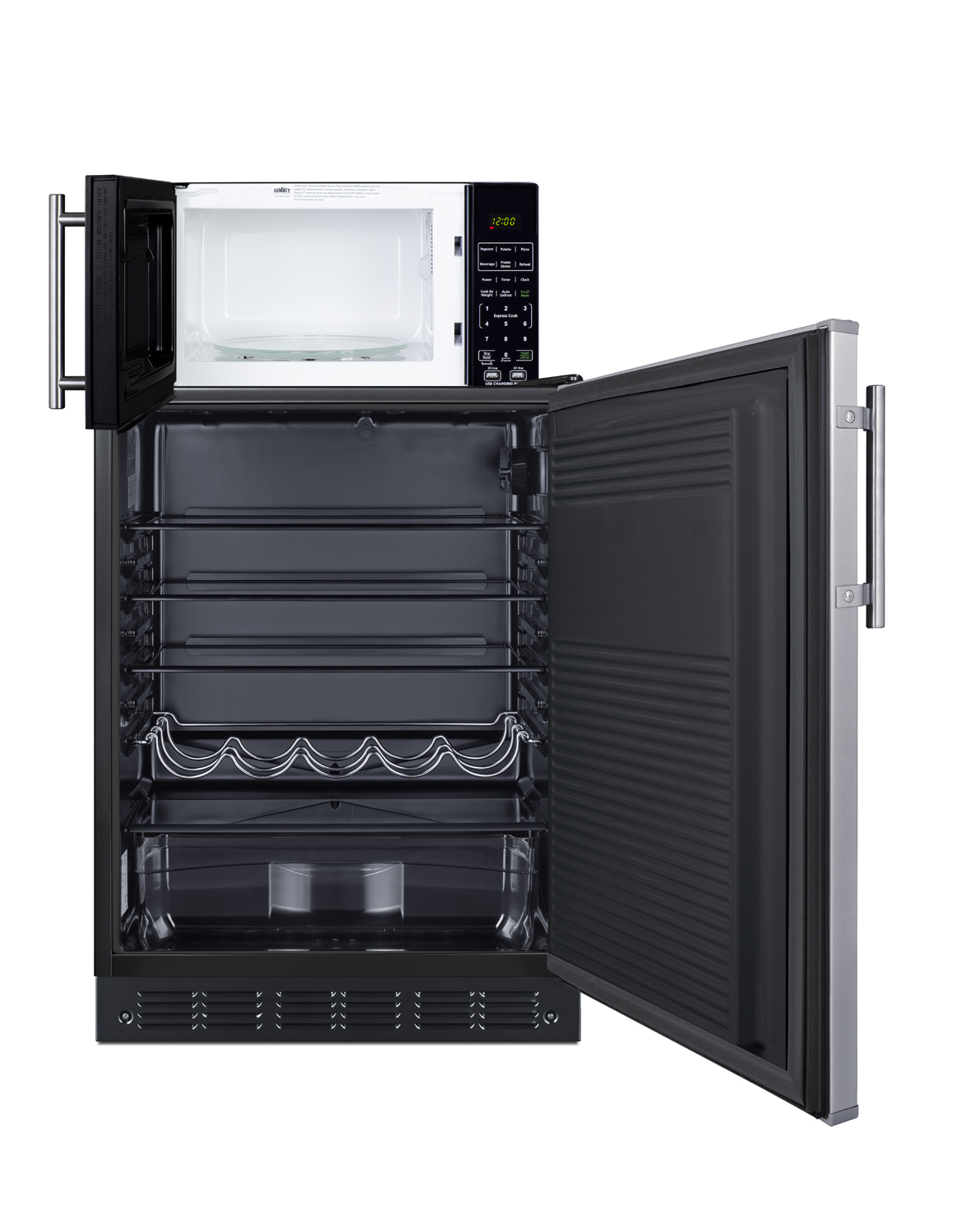 Counter height all-refrigerator with stainless steel door and compact microwave in black with allocator and USB ports for 1-plug operation; ships in three boxes on one pallet